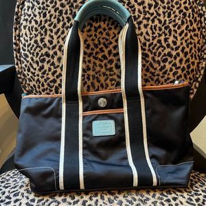 Coach Tote Hampton Vintage Black Silk Nylon w Leather Blue/Tan. Preowned